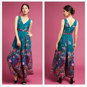 Maeve Anthropologie Andalusia Teal Floral Jumpsuit Romper